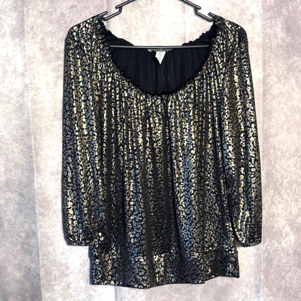 NWT Bleeker & McDougal Metallic Blouse Womens PL Black Gold Party Glam Shiny